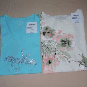 Lot of 2 NWT Coral Bay Short Sleeve T-shirts Teal Flamingo Floral Sz L